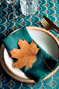 Festive table place for Thanksgiving dinner with Autumn decor