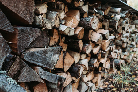 A large stack of firewood for the winter at outdoor  Rustic lifestyle background