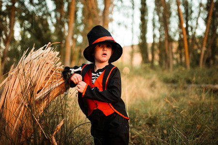 Boy disguised to halloween in the forest supported on a log
