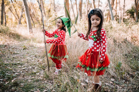 Girls disguised to christmas in the forest with their family
