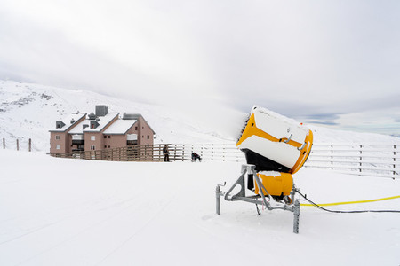 Snow cannon in operation in Sierra Nevada