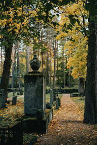 View of the old tombstone and path way across the cemetery at Autumn