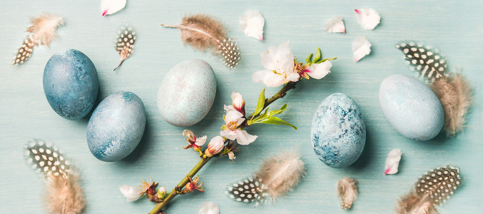 Painted eggs for Easter  feathers  blooming almond flowers  wide composition
