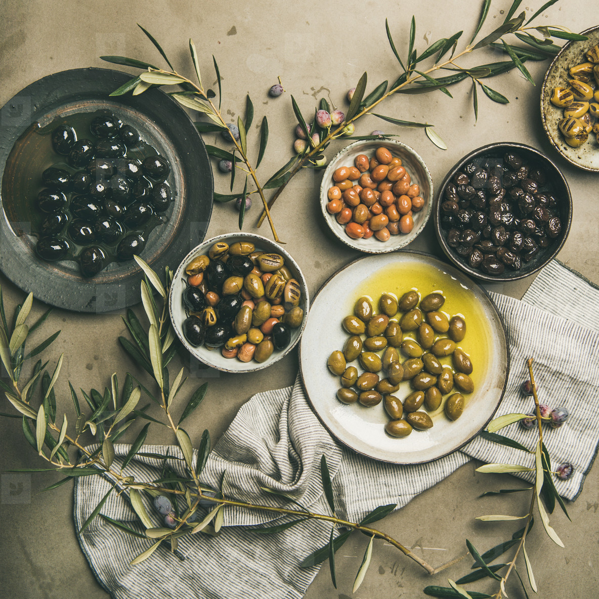 Mediterranean pickled olives and olive tree branches  square crop
