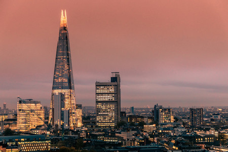 Modern London skyline sunset