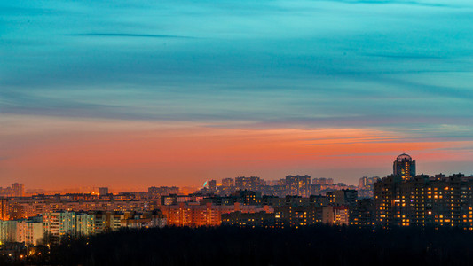 Beautiful night skyline of provincial city with illuminated