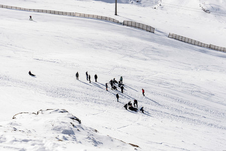 People preparing to ski in the Sierra Nevada ski resort