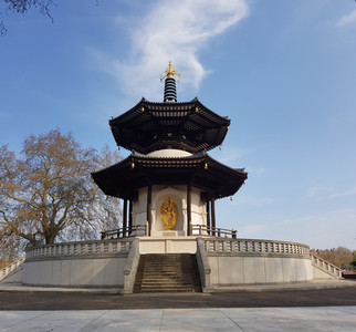 LONDON  UK  APRIL 15TH  2019  Peace Pagoda temple in Battersea Park by the river Thames  London  UK
