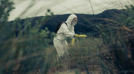 Woman in protective suit searching among the vegetation