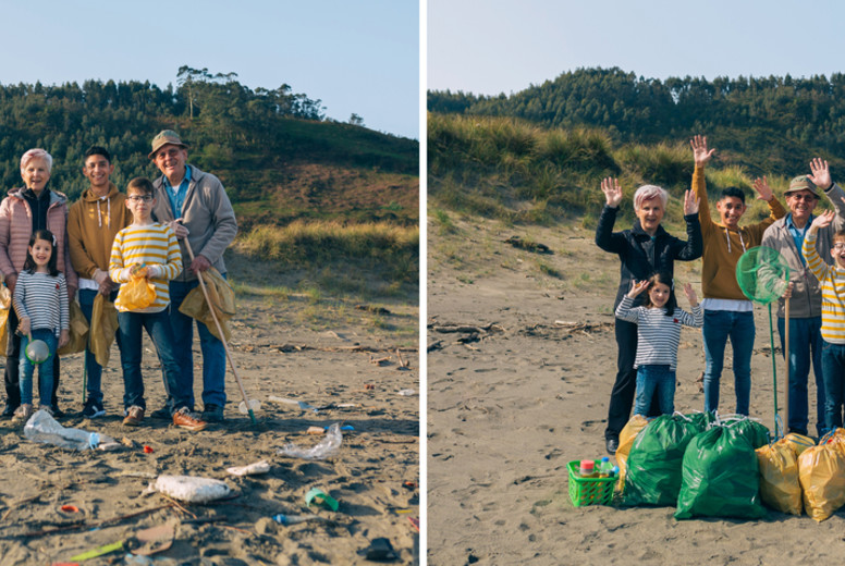 Volunteers before and after cleaning the beach
