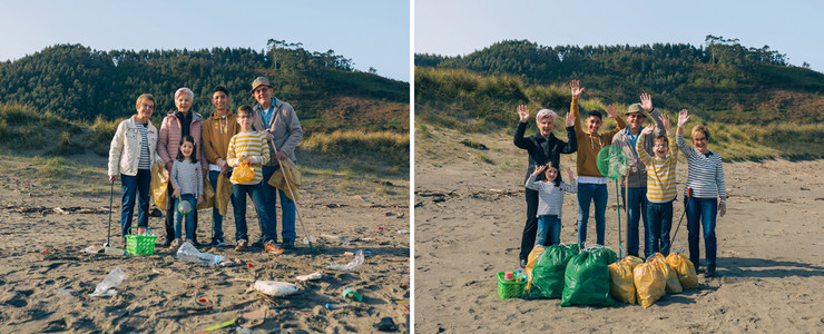 Volunteers before and after cleaning the beach