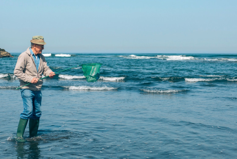 Volunteer taking garbage out of the sea