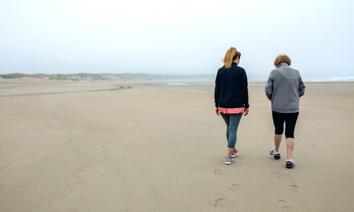 Two women walking on the beach