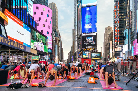 People in the yoga annual concentration in Times Square  New York City  USA