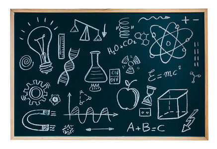 Isolated blackboard with drawings and symbols