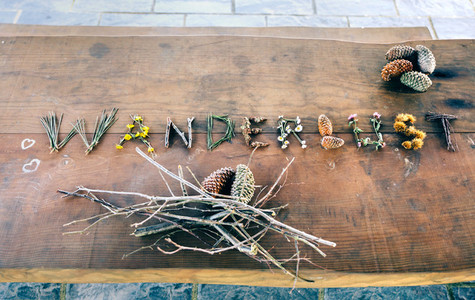 Wanderlust word made with natural objects over table