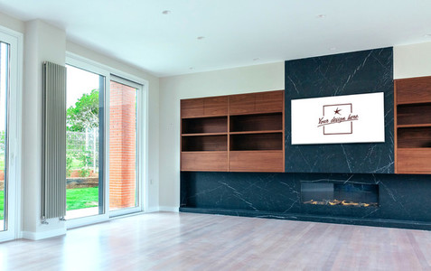 Living room with fireplace and TV