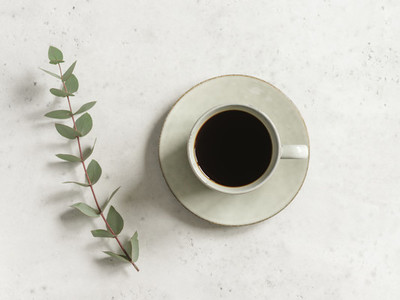 Cup of black coffee on a white textured table with a branch of eucalyptus Top view minimalism style