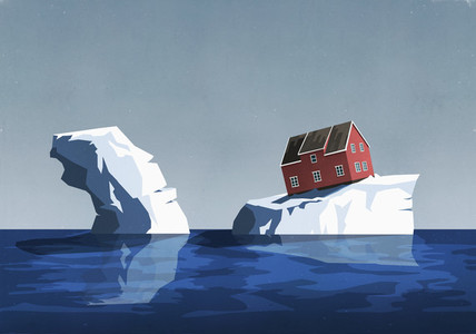 House perched precariously on iceberg