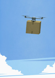 Drone in sky delivering cardboard box