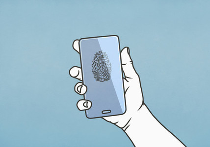 Hand holding smart phone with fingerprint