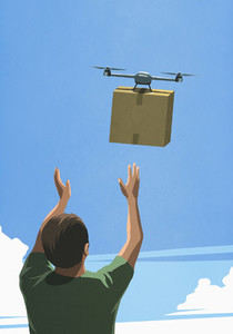 Man releasing drone with cardboard box delivery
