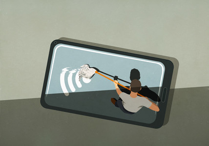 Man mopping wifi symbol on smart phone screen