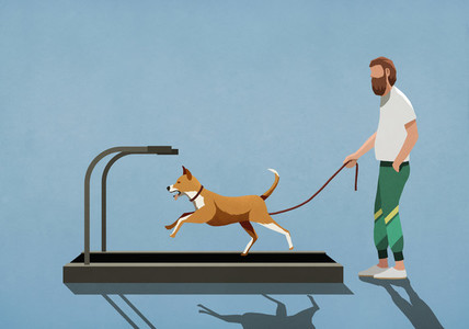 Man with leash watching dog running on treadmill