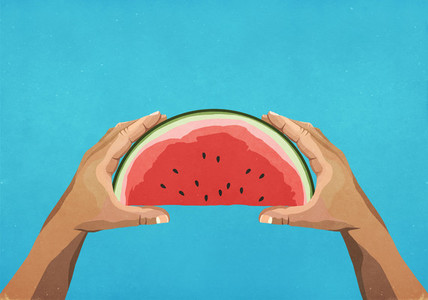 Personal perspective hands holding watermelon slice