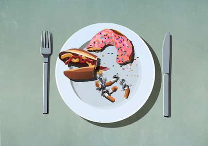 Half eaten hot dog  donut and cigarette butts on plate