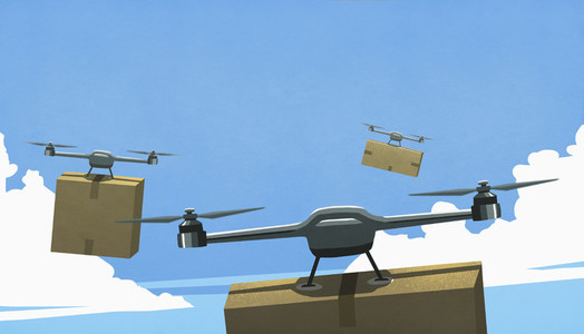 Drones flying in sky  delivering cardboard box packages