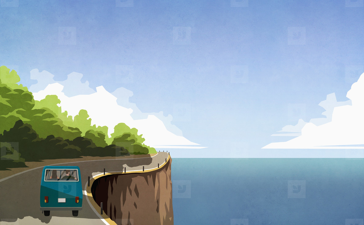 Couple driving retro van along ocean cliff