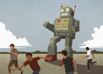 Large robot chasing boys