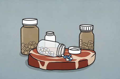 Pills in medication bottles next to raw meat