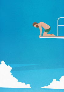 Anxious man at the edge of diving board  looking down