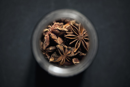 View from above star anise in spice jar