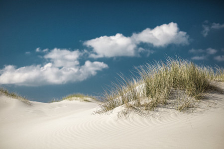 Idyllic sand dunes under sunny blue sky with clouds  Germany