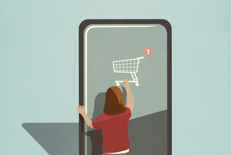 Girl using online shopping app on large smart phone