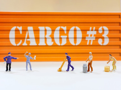 Group of miniature people workers figure with cargo container at