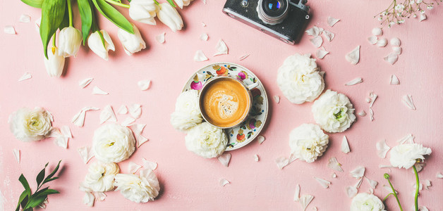 Spring layout with coffee camera and white  wide composition