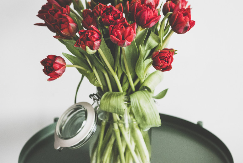 Bouquet of fresh Spring red tulips in glass jar