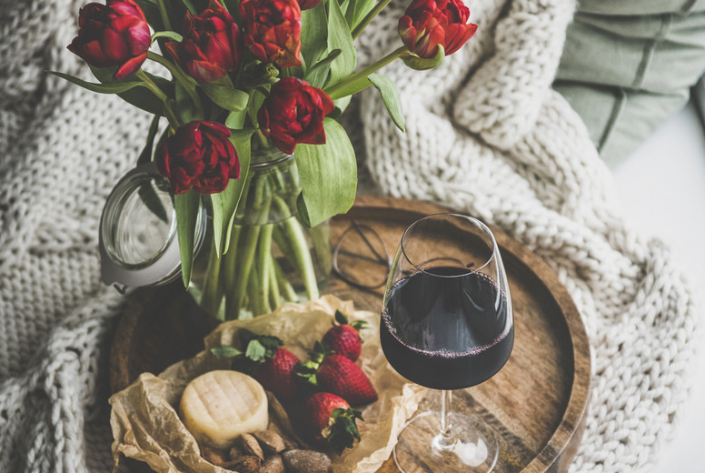 Red wine, snacks and red tulips over knitted blanket
