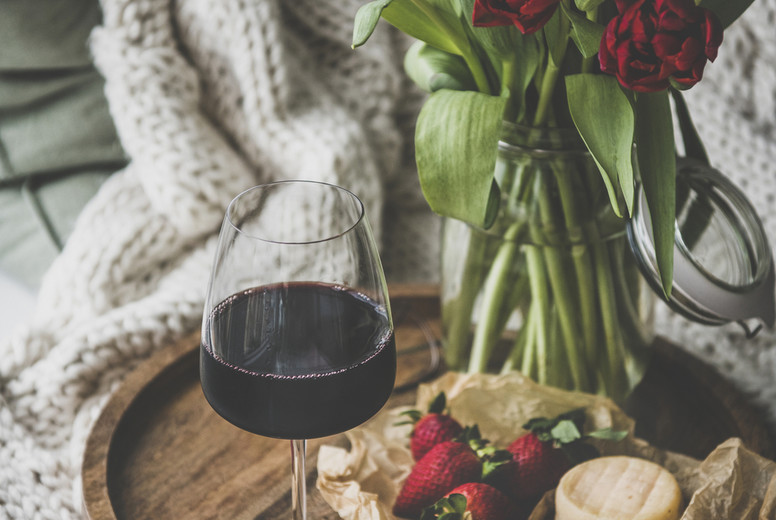 Glass of red wine, snacks and tulips over knitted blanket