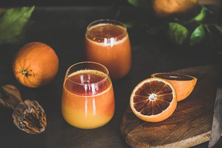 Two glasses of fresh blood orange juice or smoothie