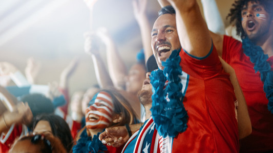American soccer fans cheering their team in stadium