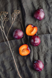 High angle view of fresh purple plum on a dark linen  Food photography still life