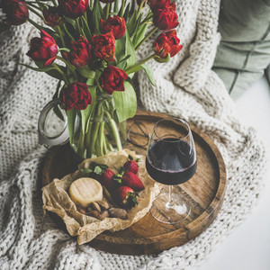 Red wine  snacks and tulips over knitted blanket  square crop