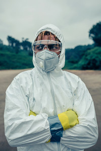 Man with bacteriological protection suit