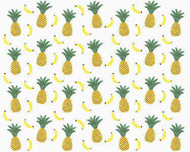 Illustration of yellow pineapples and bananas on white background