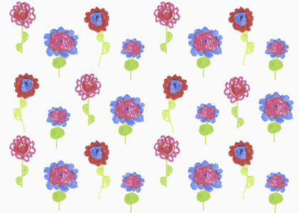 Childs drawing of vibrant colored flowers on white background